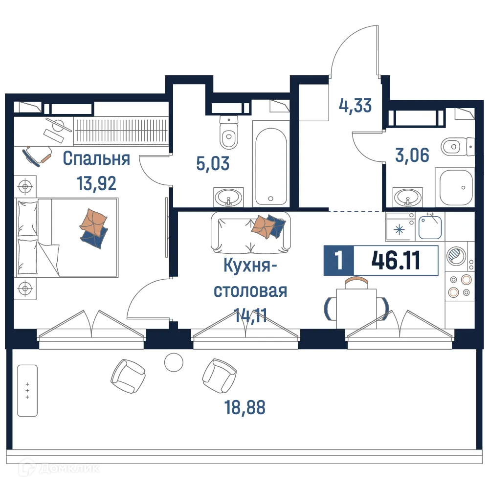 Планировка 1-комнатной квартиры 46.11 м² в ЖК Максималист, г. Мурино — фото 1
