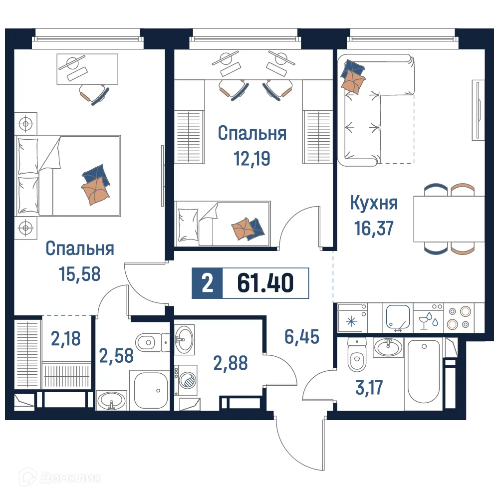 Планировка 2-комнатной квартиры 61.4 м² в ЖК Максималист, г. Мурино — фото 1