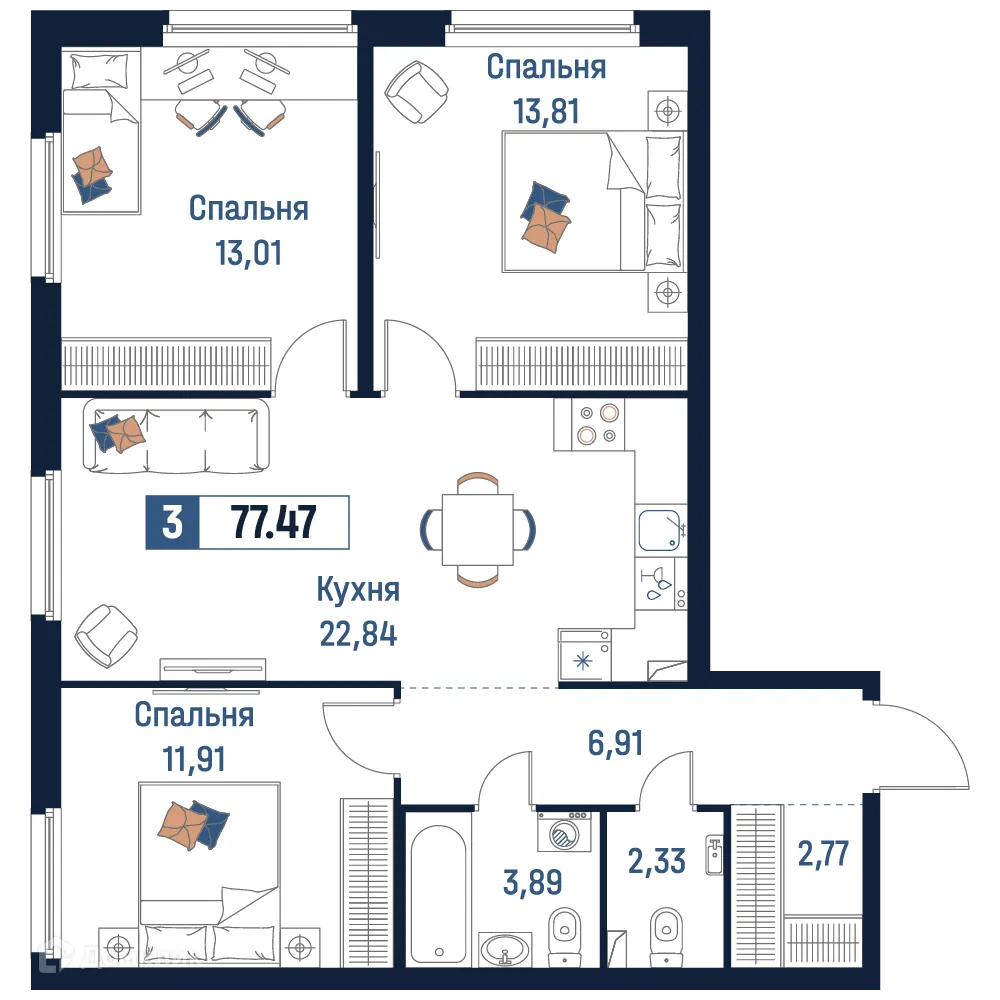 Планировка 3-комнатной квартиры 77.47 м² в ЖК Максималист, г. Мурино — фото 1