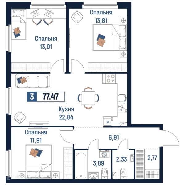 Планировка 3 комн. в ЖК Максималист
