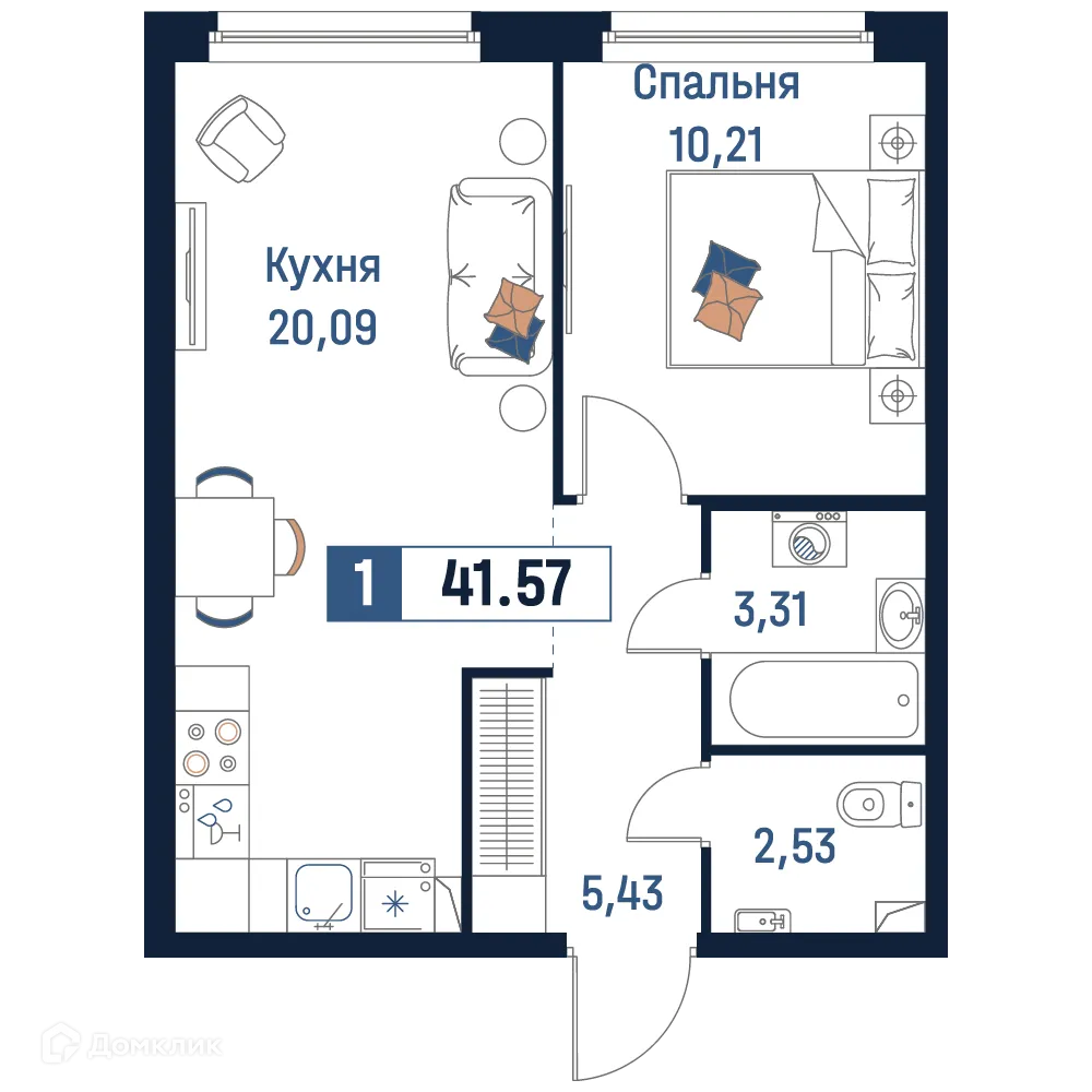 Планировка 1-комнатной квартиры 41.57 м² в ЖК Максималист, г. Мурино — фото 1