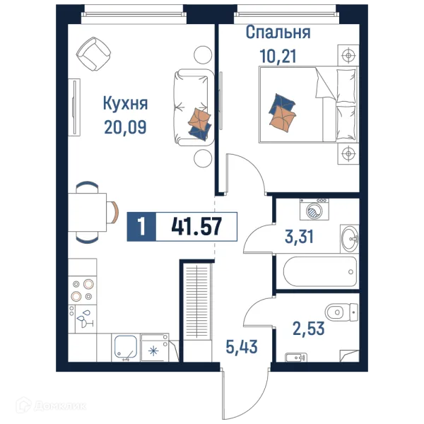 Планировка 1 комн. в ЖК Максималист