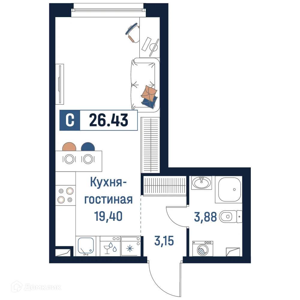 Планировка студии квартиры 26.43 м² в ЖК Максималист, г. Мурино — фото 1