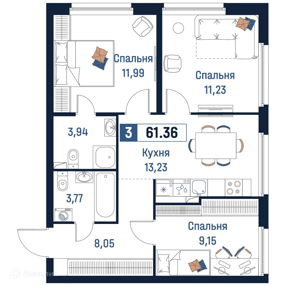 Планировка 3-комнатной квартиры 61.36 м² в ЖК Максималист, г. Мурино — фото 1