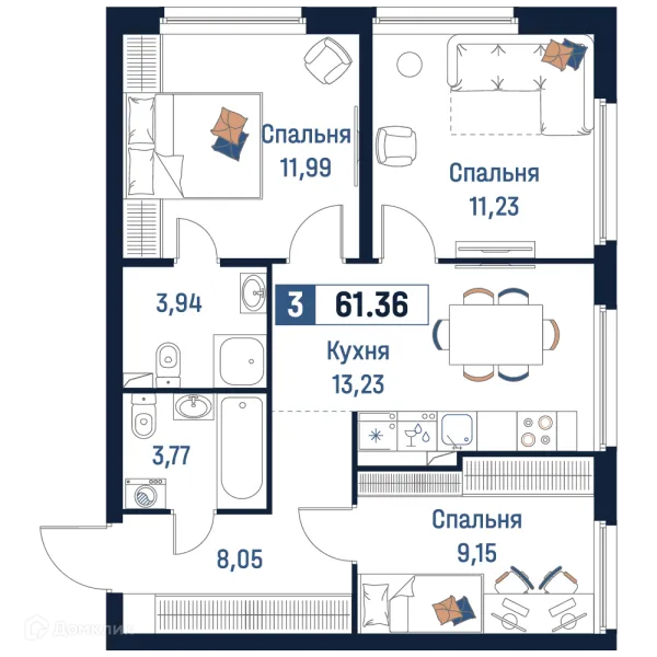 Планировка 3 комн. в ЖК Максималист