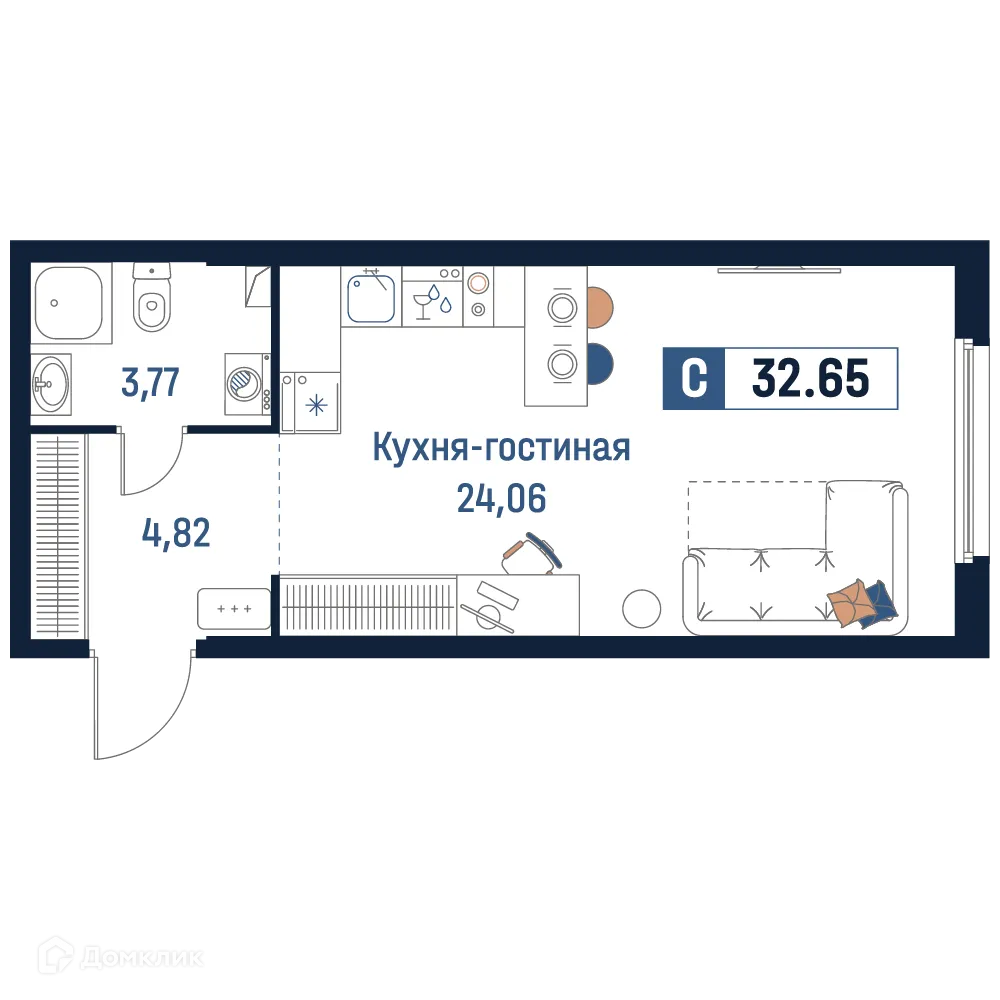 Планировка студии квартиры 32.65 м² в ЖК Максималист, г. Мурино — фото 1