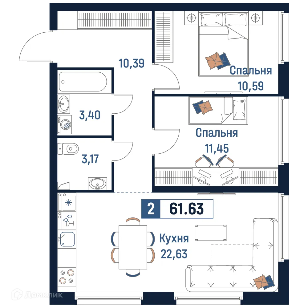 Планировка 2-комнатной квартиры 61.63 м² в ЖК Максималист, г. Мурино — фото 1