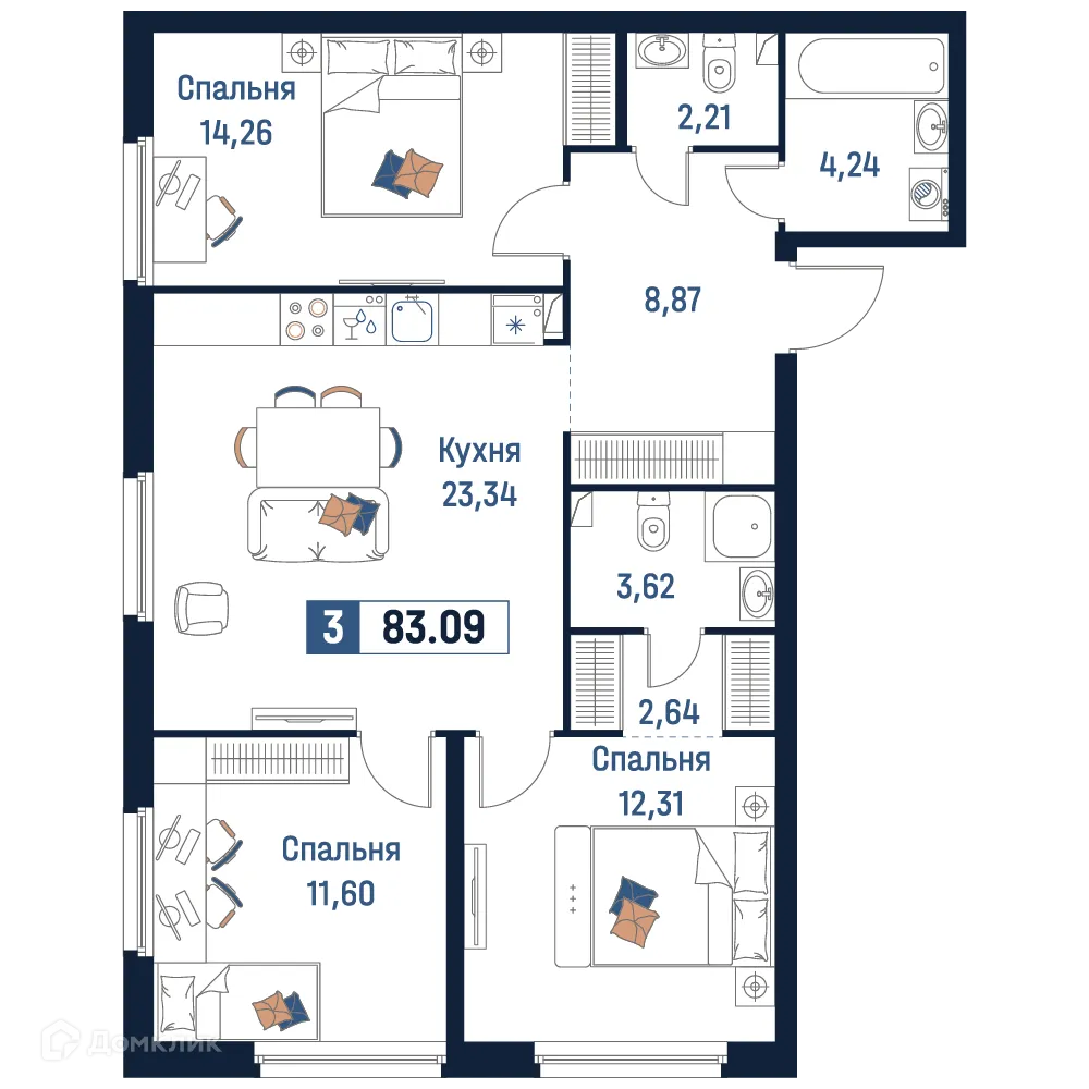 Планировка 3-комнатной квартиры 83.09 м² в ЖК Максималист, г. Мурино — фото 1