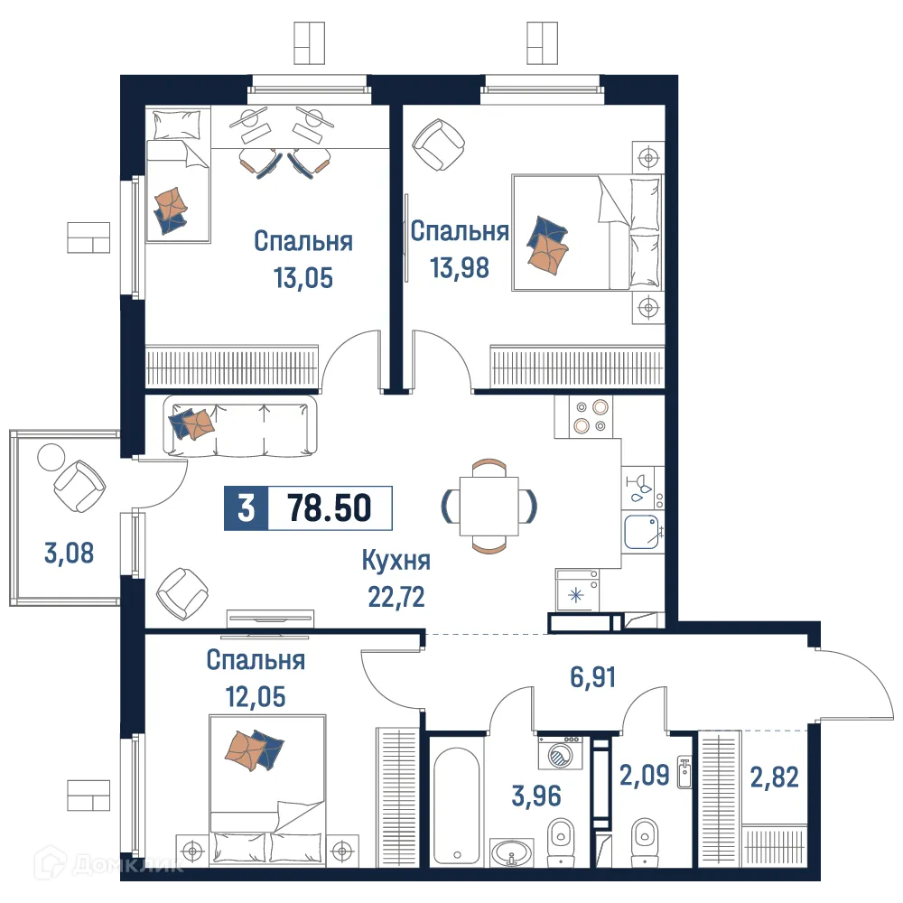 Планировка 3-комнатной квартиры 78.5 м² в ЖК Максималист, г. Мурино — фото 1