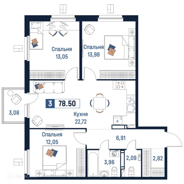 Планировка 3 комн. в ЖК Максималист