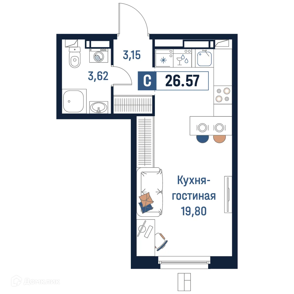 Планировка студии квартиры 26.57 м² в ЖК Максималист, г. Мурино — фото 1
