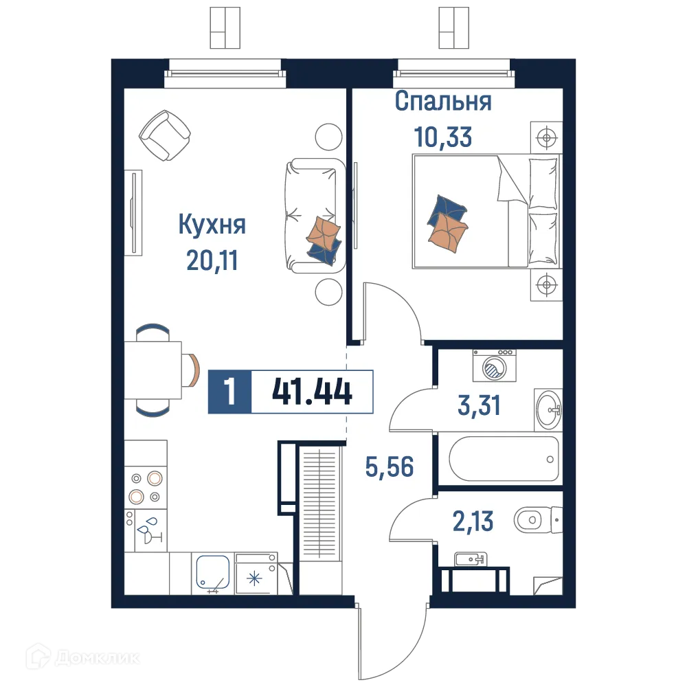 Планировка 1-комнатной квартиры 41.44 м² в ЖК Максималист, г. Мурино — фото 1