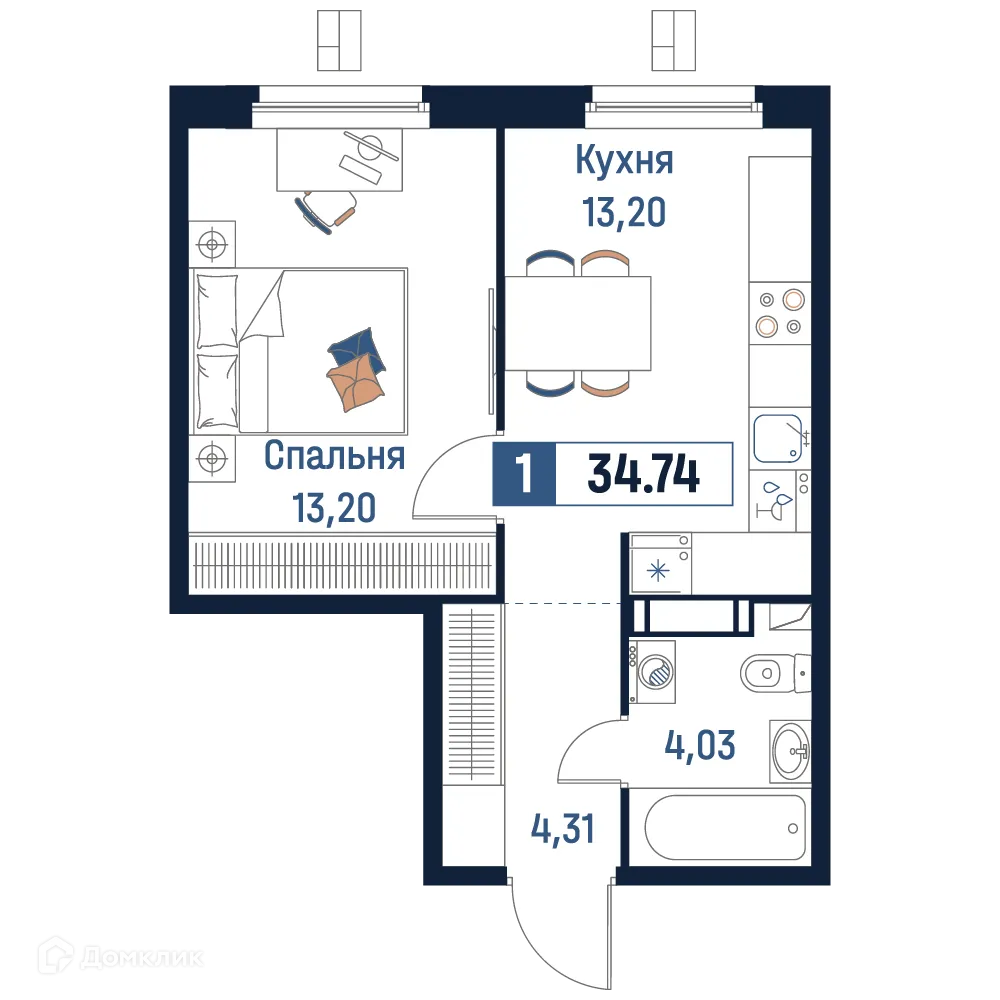 Планировка 1-комнатной квартиры 34.74 м² в ЖК Максималист, г. Мурино — фото 1