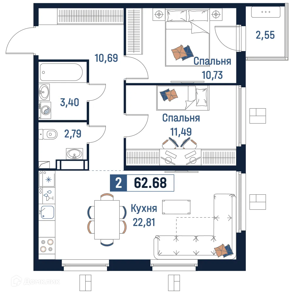 Планировка 2-комнатной квартиры 62.68 м² в ЖК Максималист, г. Мурино — фото 1