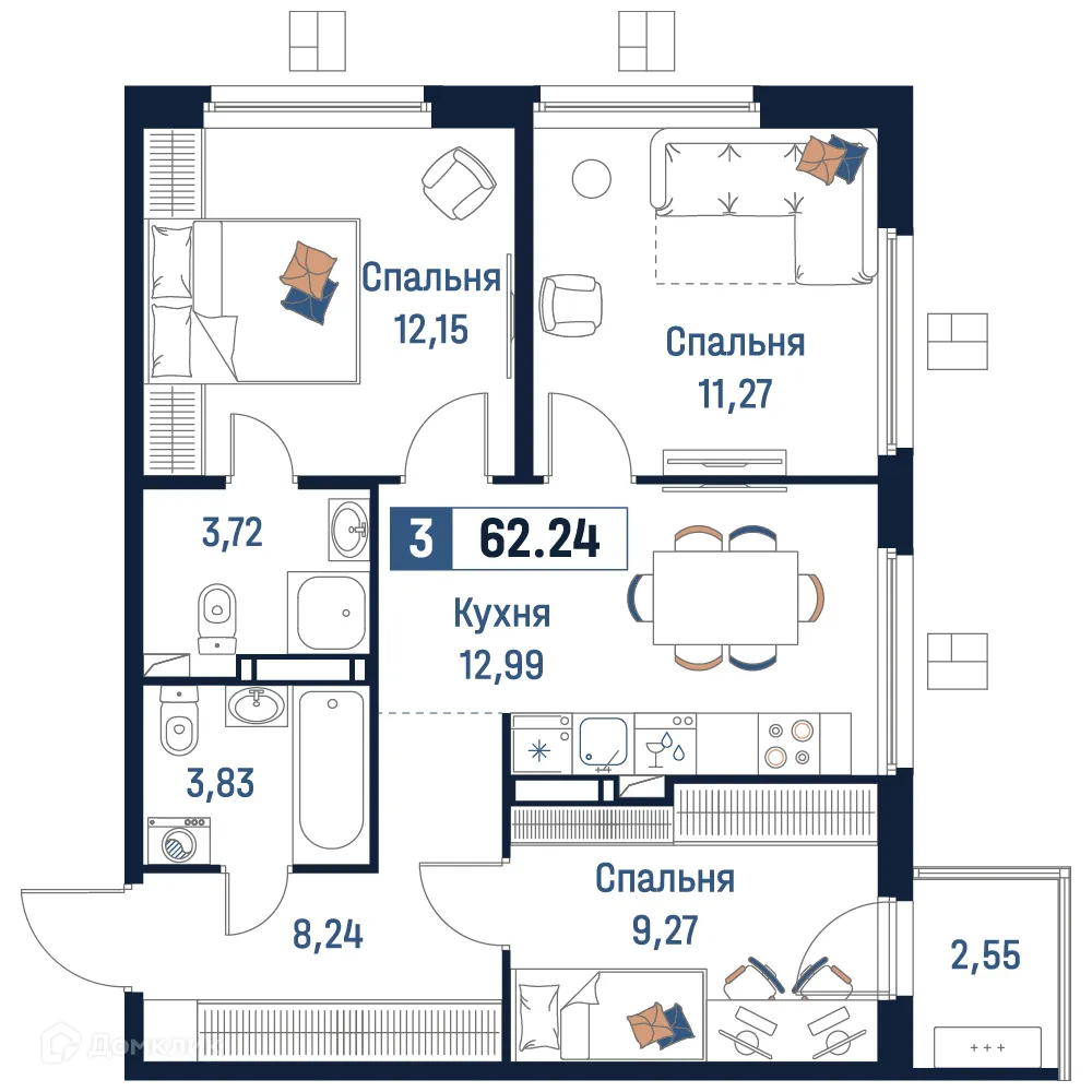 Планировка 3-комнатной квартиры 62.24 м² в ЖК Максималист, г. Мурино — фото 1