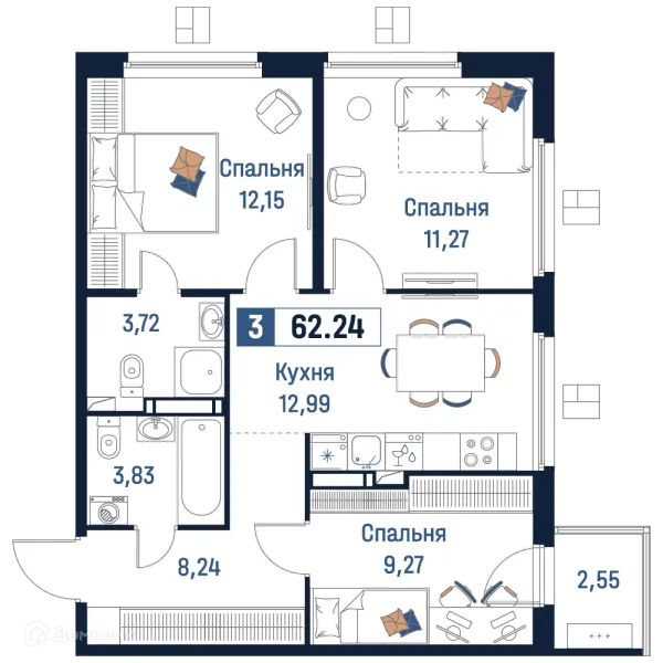 Планировка 3 комн. в ЖК Максималист