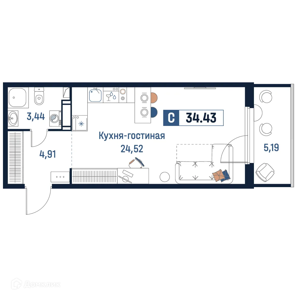 Планировка студии квартиры 34.43 м² в ЖК Максималист, г. Мурино — фото 1