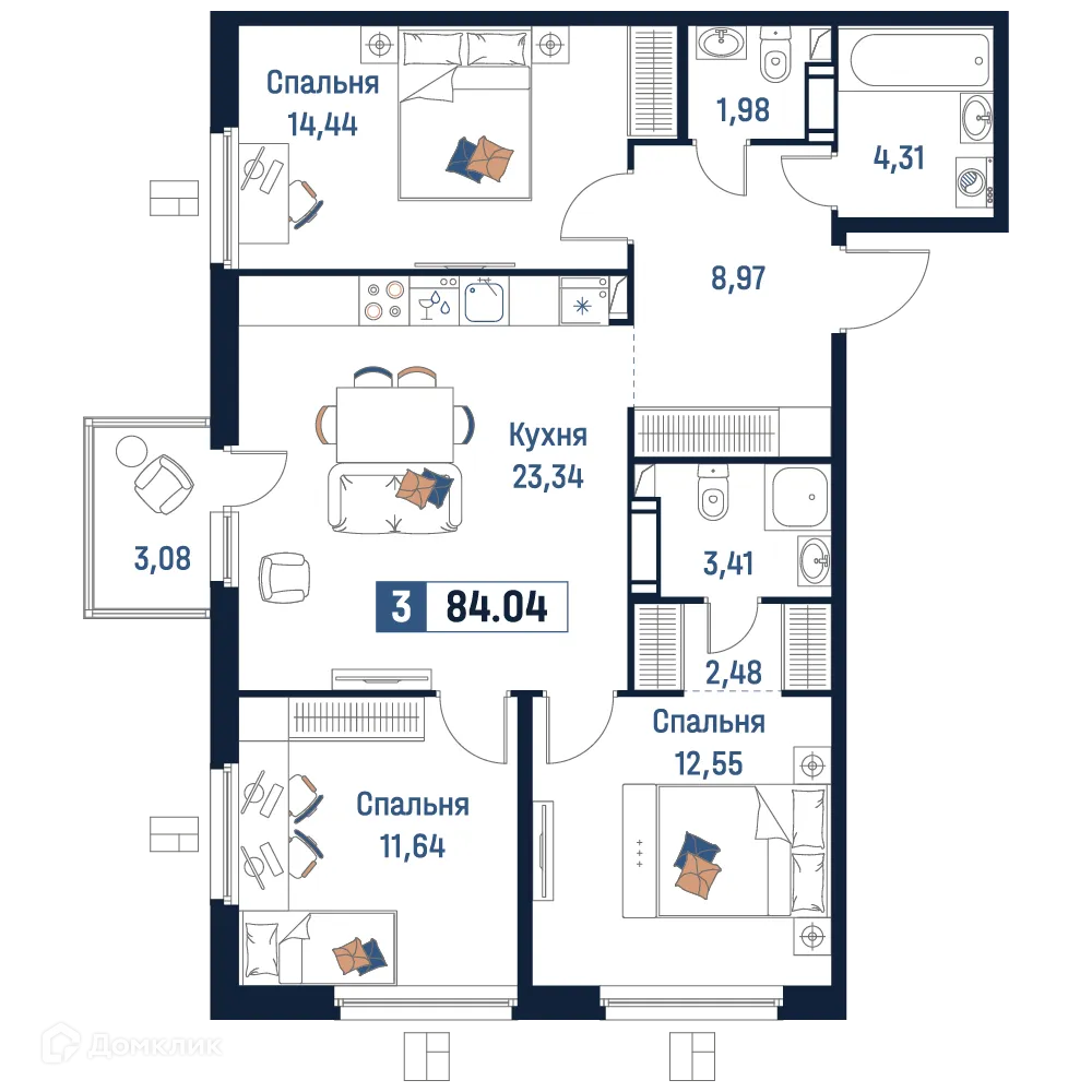 Планировка 3-комнатной квартиры 84.04 м² в ЖК Максималист, г. Мурино — фото 1