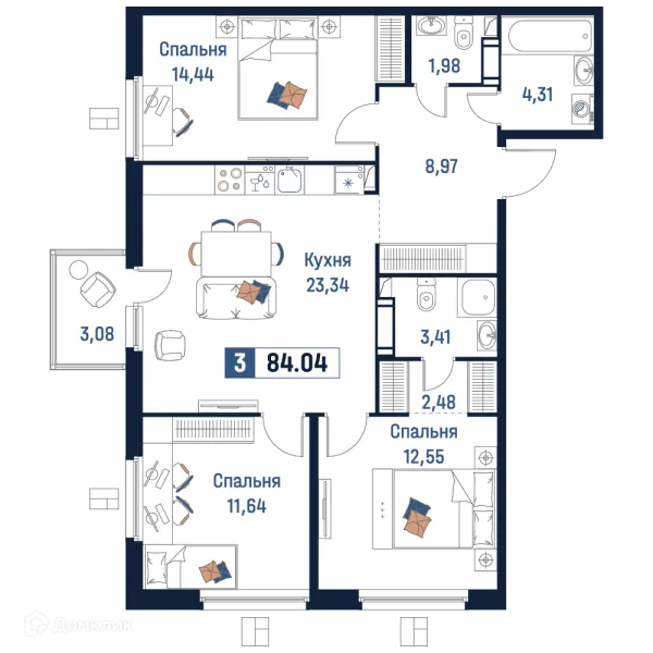 Планировка 3 комн. в ЖК Максималист