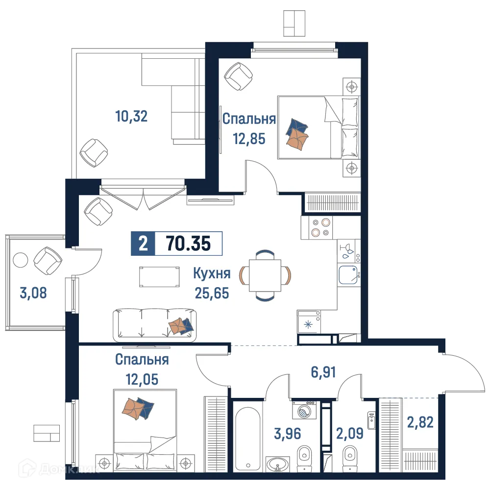 Планировка 2-комнатной квартиры 70.35 м² в ЖК Максималист, г. Мурино — фото 1