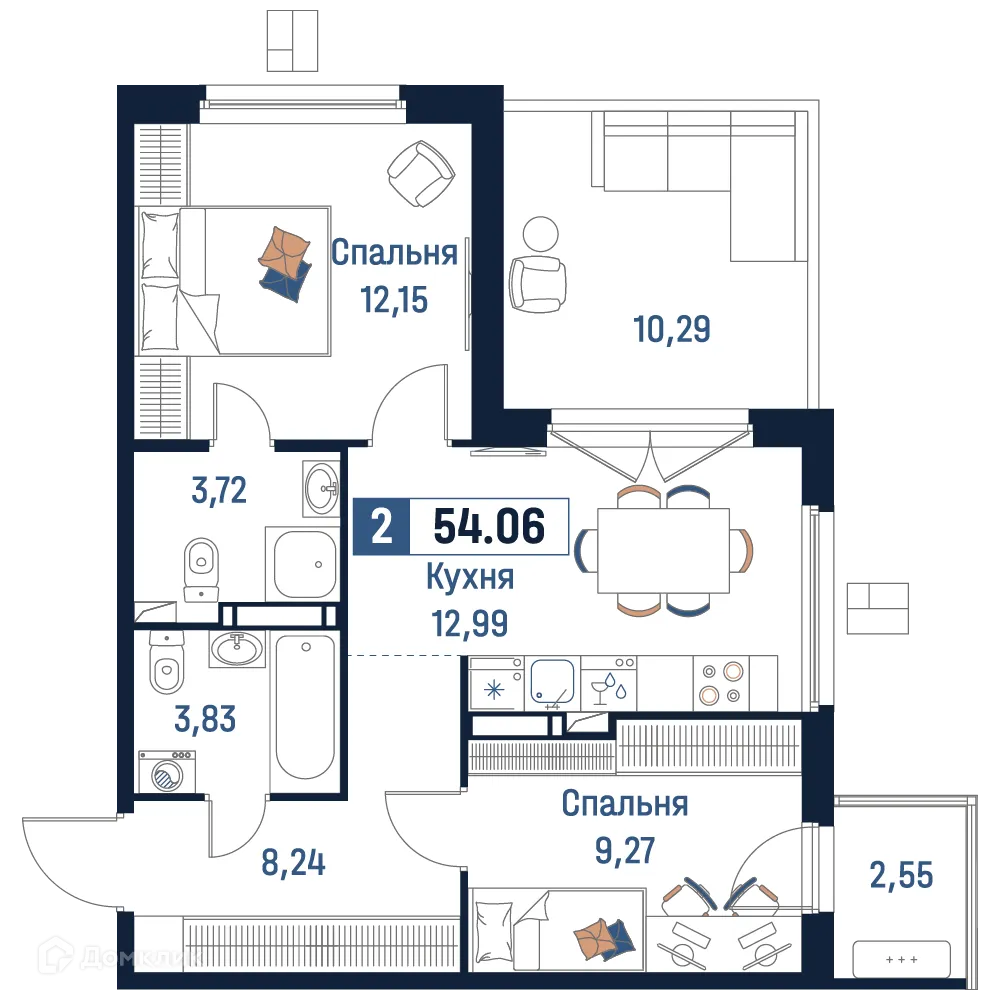 Планировка 2-комнатной квартиры 54.06 м² в ЖК Максималист, г. Мурино — фото 1