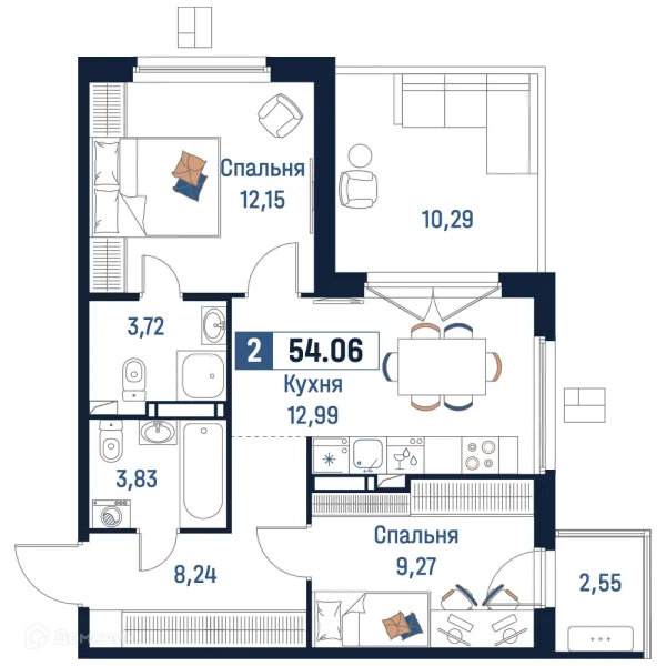 Планировка 2 комн. в ЖК Максималист