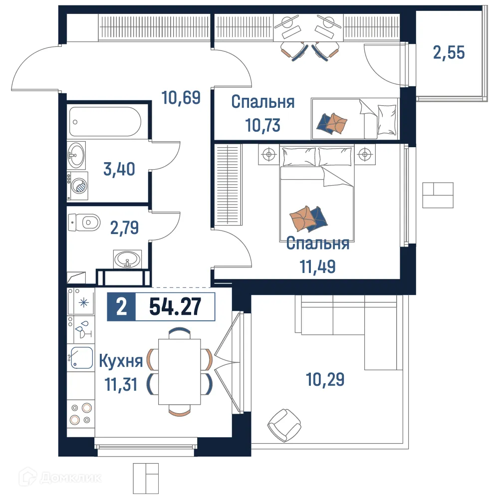 Планировка 2-комнатной квартиры 54.27 м² в ЖК Максималист, г. Мурино — фото 1