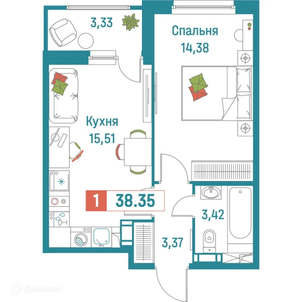 Планировка 1 комн. в ЖК "Графика"