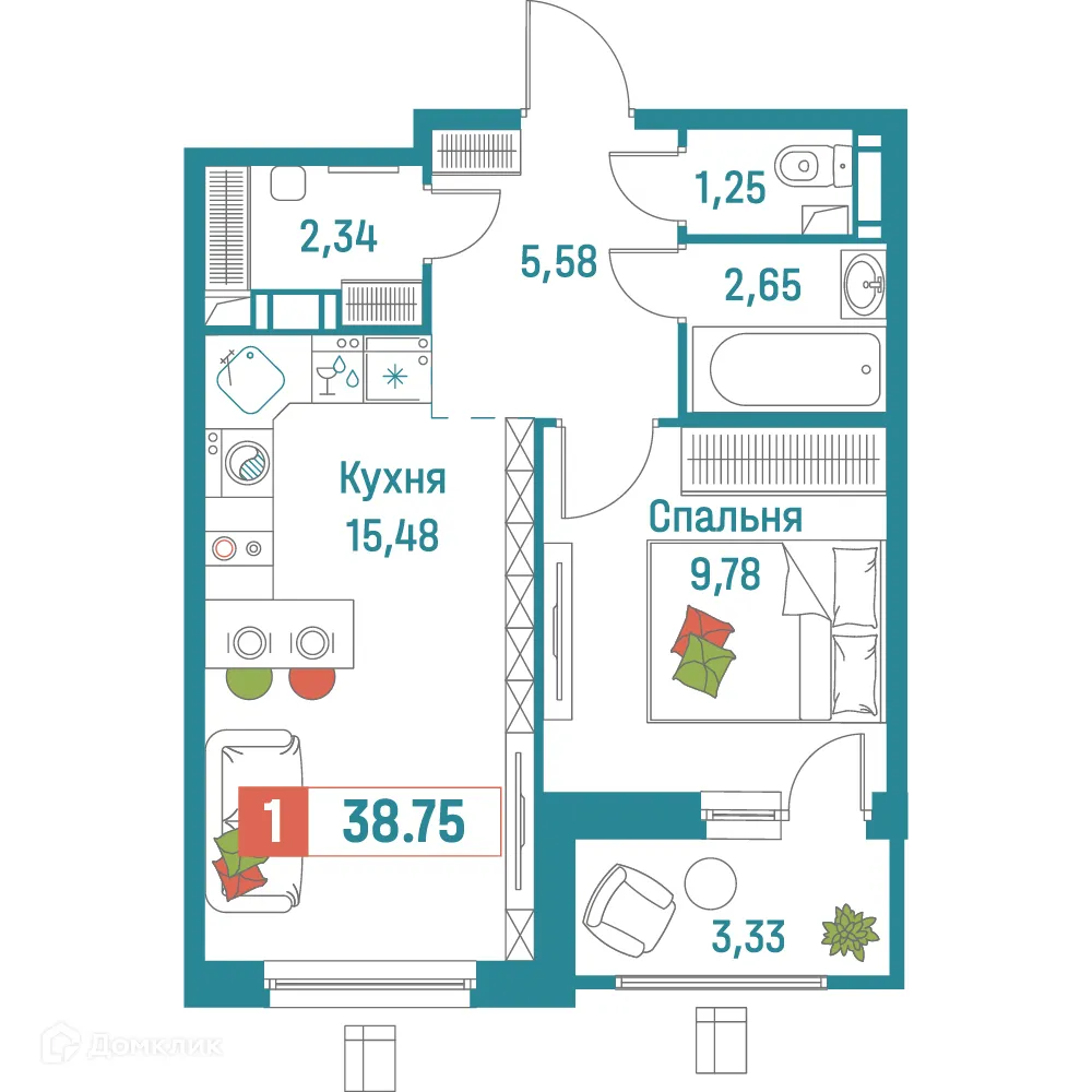 Планировка 1-комнатной квартиры 38.75 м² в ЖК "Графика", г. Мурино — фото 1