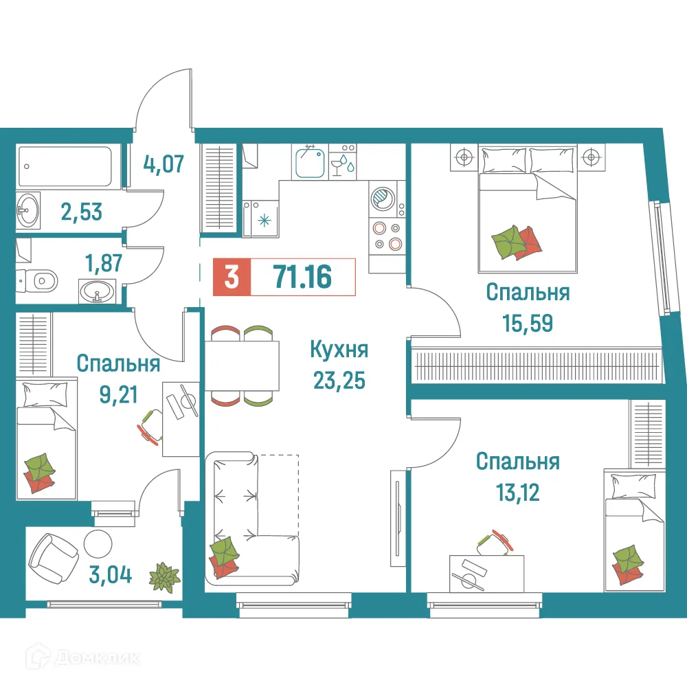 Планировка 3-комнатной квартиры 71.16 м² в ЖК "Графика", г. Мурино — фото 1