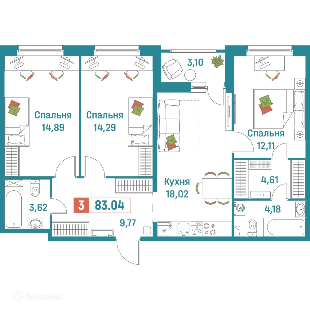 Планировка 3-комнатной квартиры 83.04 м² в ЖК "Графика", г. Мурино — фото 1