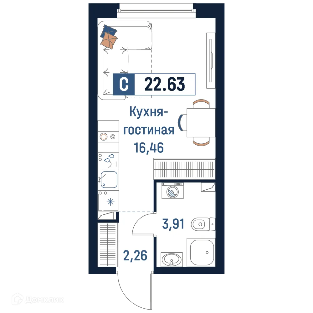 Планировка студии квартиры 22.63 м² в ЖК Максималист, г. Мурино — фото 1