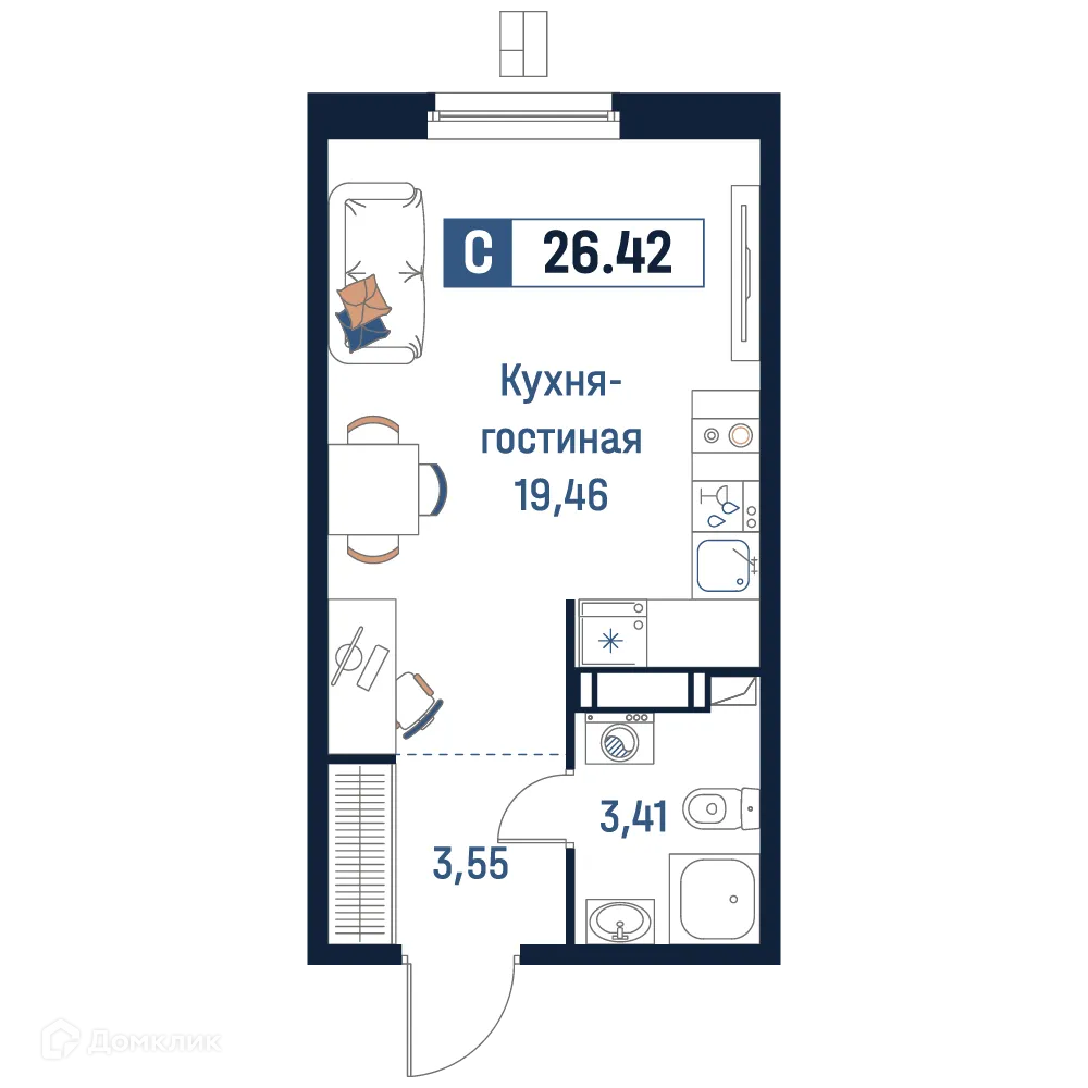 Планировка студии квартиры 26.42 м² в ЖК Максималист, г. Мурино — фото 1