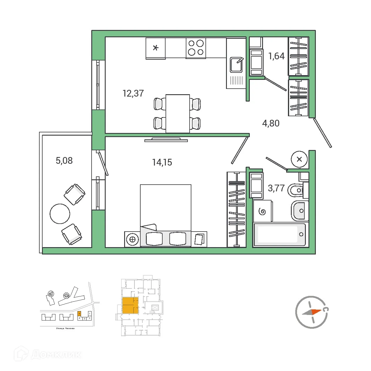 Планировка 1-комнатной квартиры 38.35 м² в ЖК IQ ГАТЧИНА (Айкью Гатчина), г. Гатчина — фото 1