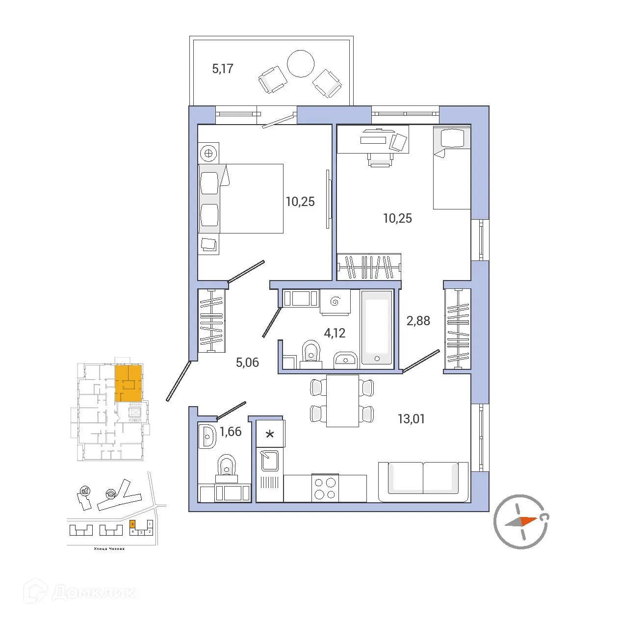Планировка 2-комнатной квартиры 48.88 м² в ЖК IQ ГАТЧИНА (Айкью Гатчина), г. Гатчина — фото 1
