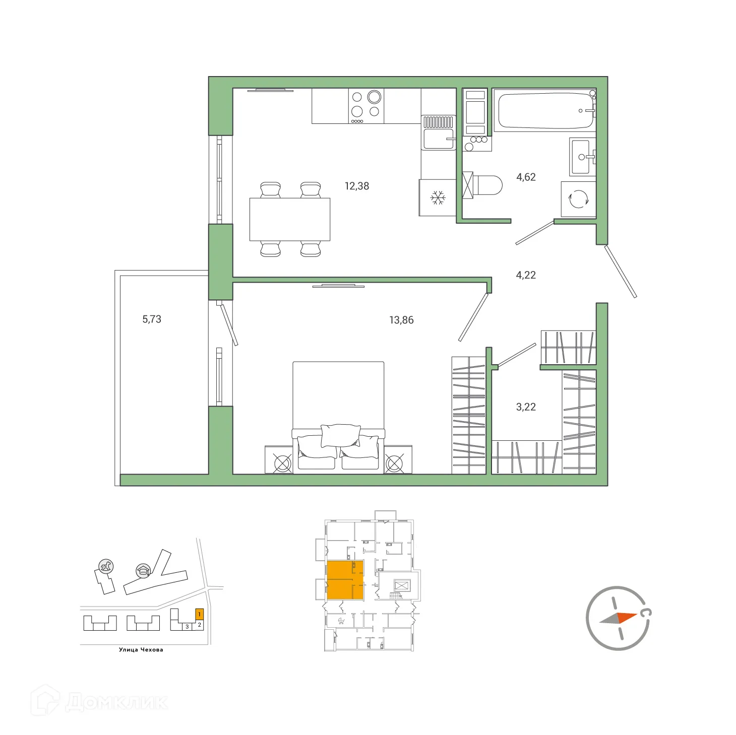 Планировка 1-комнатной квартиры 40.02 м² в ЖК IQ ГАТЧИНА (Айкью Гатчина), г. Гатчина — фото 1
