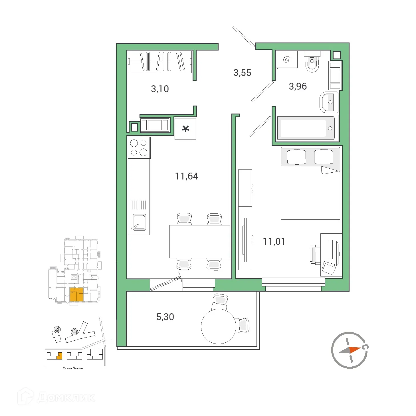 Планировка 1-комнатной квартиры 35.05 м² в ЖК IQ ГАТЧИНА (Айкью Гатчина), г. Гатчина — фото 1