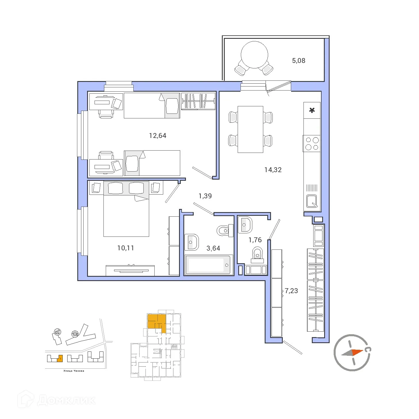 Планировка 2-комнатной квартиры 52.71 м² в ЖК IQ ГАТЧИНА (Айкью Гатчина), г. Гатчина — фото 1