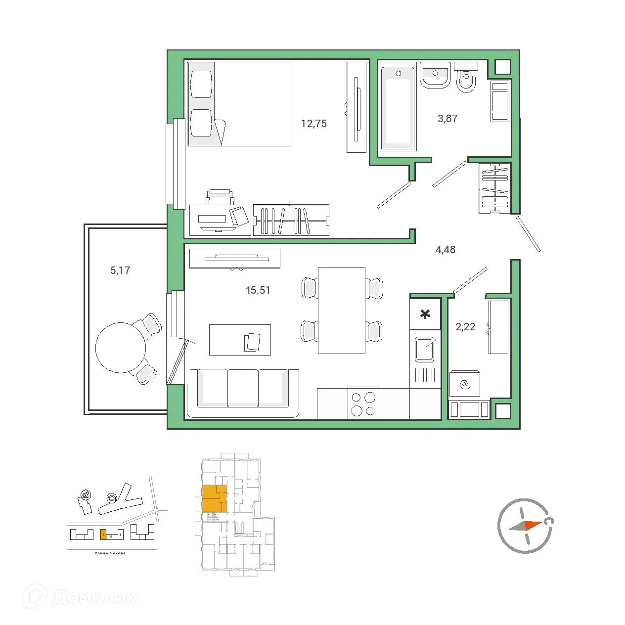 Планировка 1-комнатной квартиры 40.48 м² в ЖК IQ ГАТЧИНА (Айкью Гатчина), г. Гатчина — фото 1