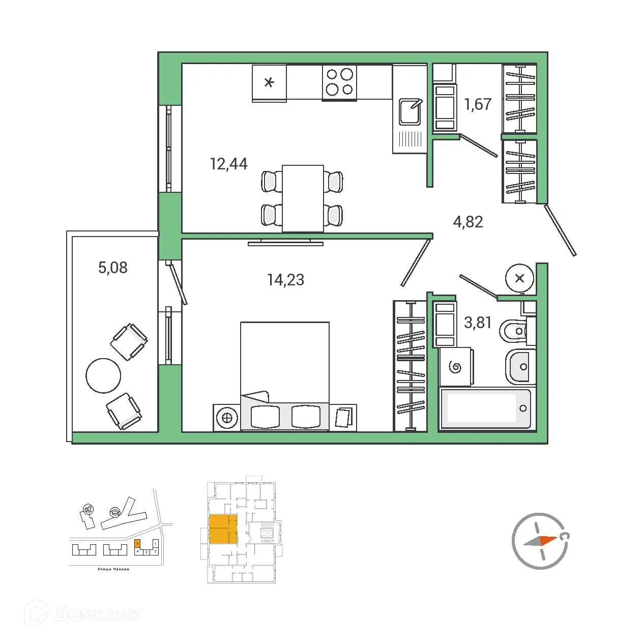 Планировка 1-комнатной квартиры 38.59 м² в ЖК IQ ГАТЧИНА (Айкью Гатчина), г. Гатчина — фото 1