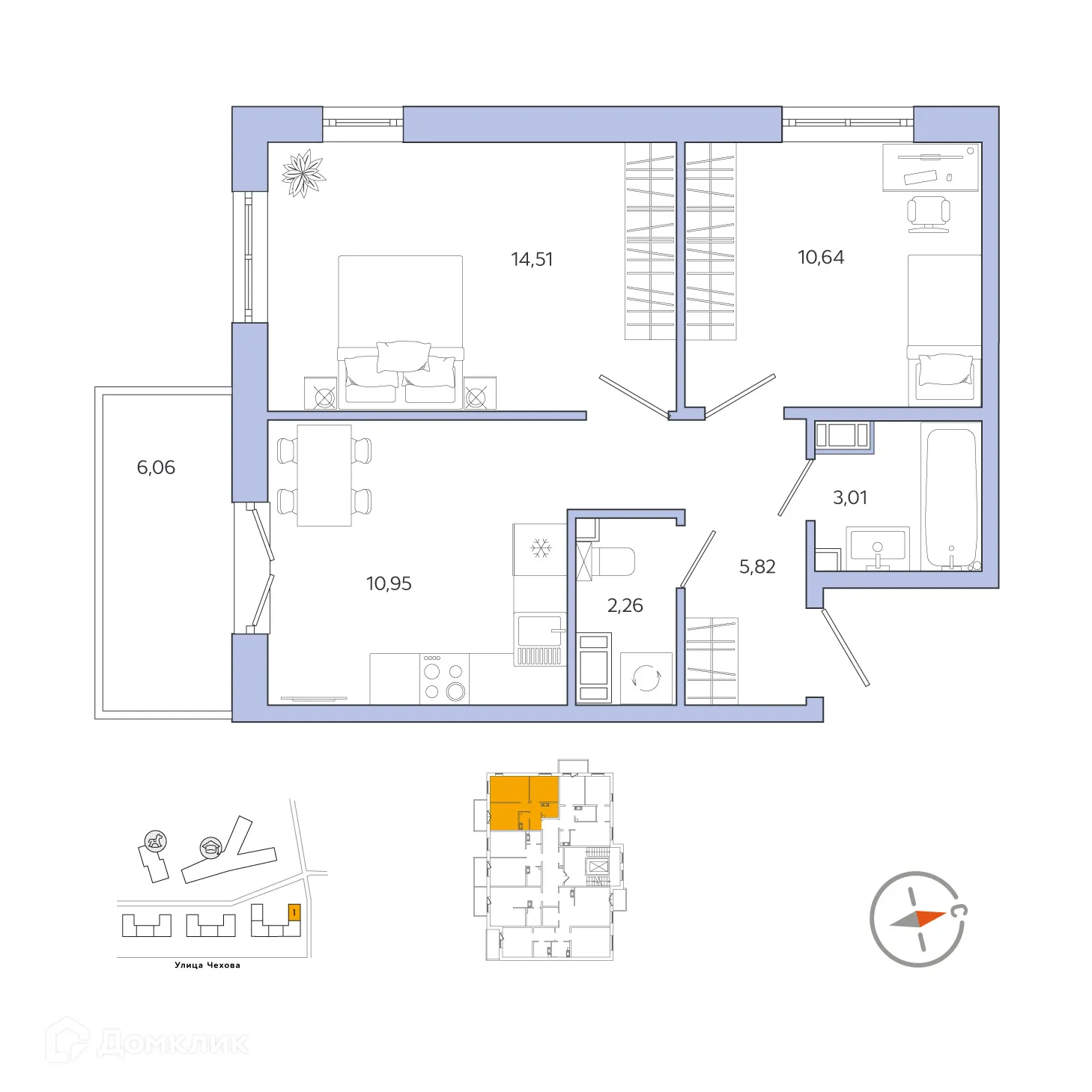Планировка 2-комнатной квартиры 49.01 м² в ЖК IQ ГАТЧИНА (Айкью Гатчина), г. Гатчина — фото 1