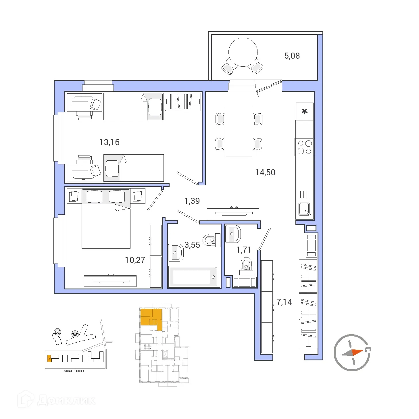 Планировка 2-комнатной квартиры 53.34 м² в ЖК IQ ГАТЧИНА (Айкью Гатчина), г. Гатчина — фото 1
