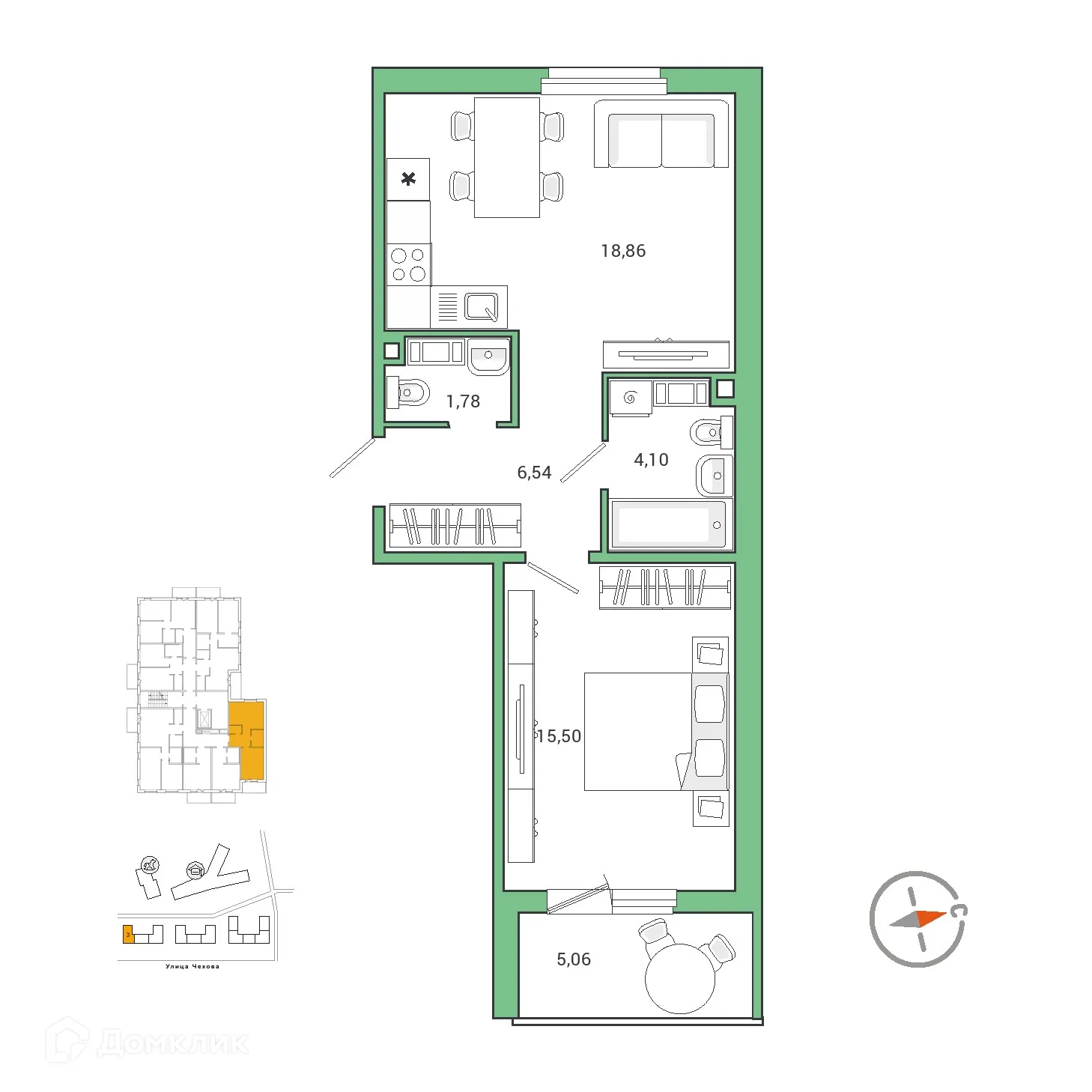 Планировка 1-комнатной квартиры 49.61 м² в ЖК IQ ГАТЧИНА (Айкью Гатчина), г. Гатчина — фото 1