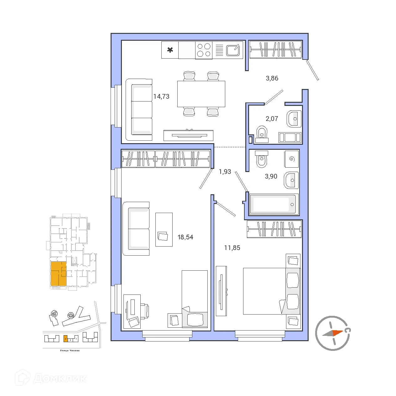 Планировка 2-комнатной квартиры 56.88 м² в ЖК IQ ГАТЧИНА (Айкью Гатчина), г. Гатчина — фото 1