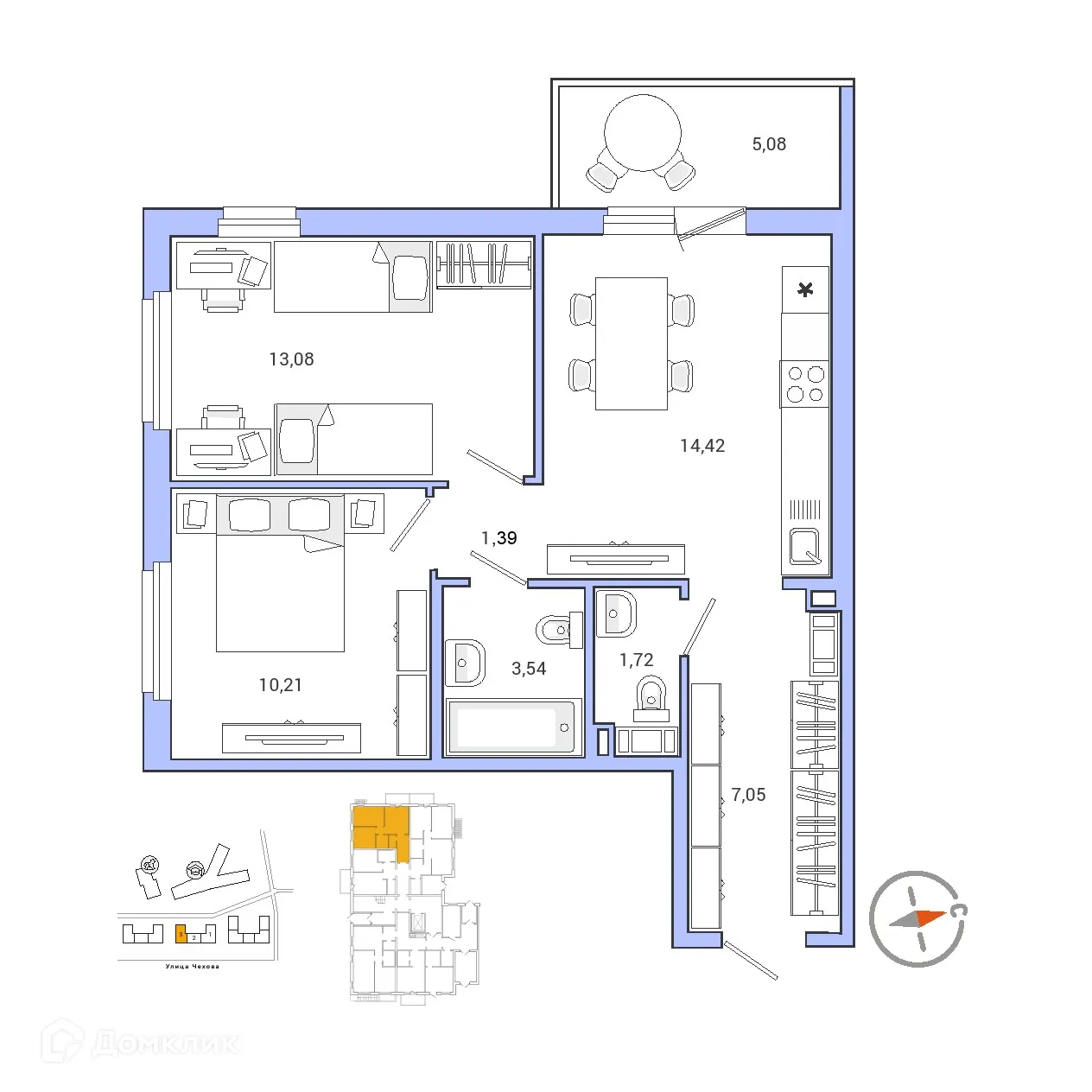 Планировка 2-комнатной квартиры 53.03 м² в ЖК IQ ГАТЧИНА (Айкью Гатчина), г. Гатчина — фото 1