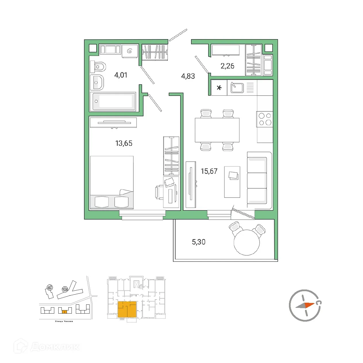Планировка 1-комнатной квартиры 42.11 м² в ЖК IQ ГАТЧИНА (Айкью Гатчина), г. Гатчина — фото 1