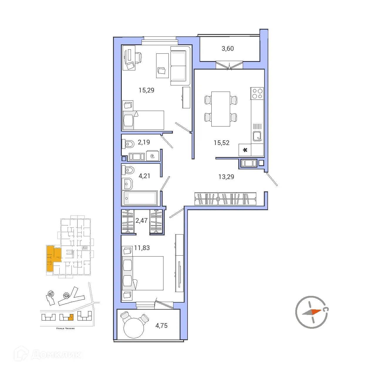 Планировка 2-комнатной квартиры 69.17 м² в ЖК IQ ГАТЧИНА (Айкью Гатчина), г. Гатчина — фото 1