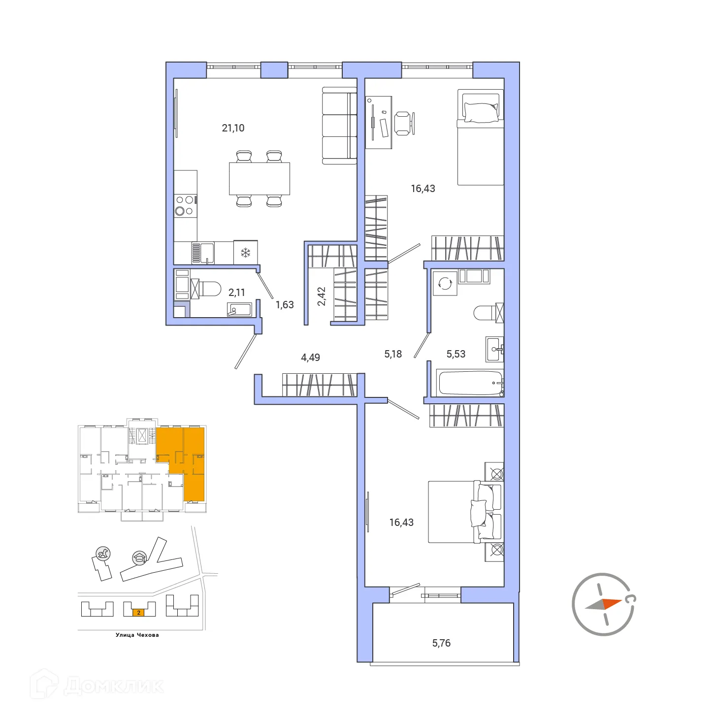 Планировка 2-комнатной квартиры 78.19 м² в ЖК IQ ГАТЧИНА (Айкью Гатчина), г. Гатчина — фото 1