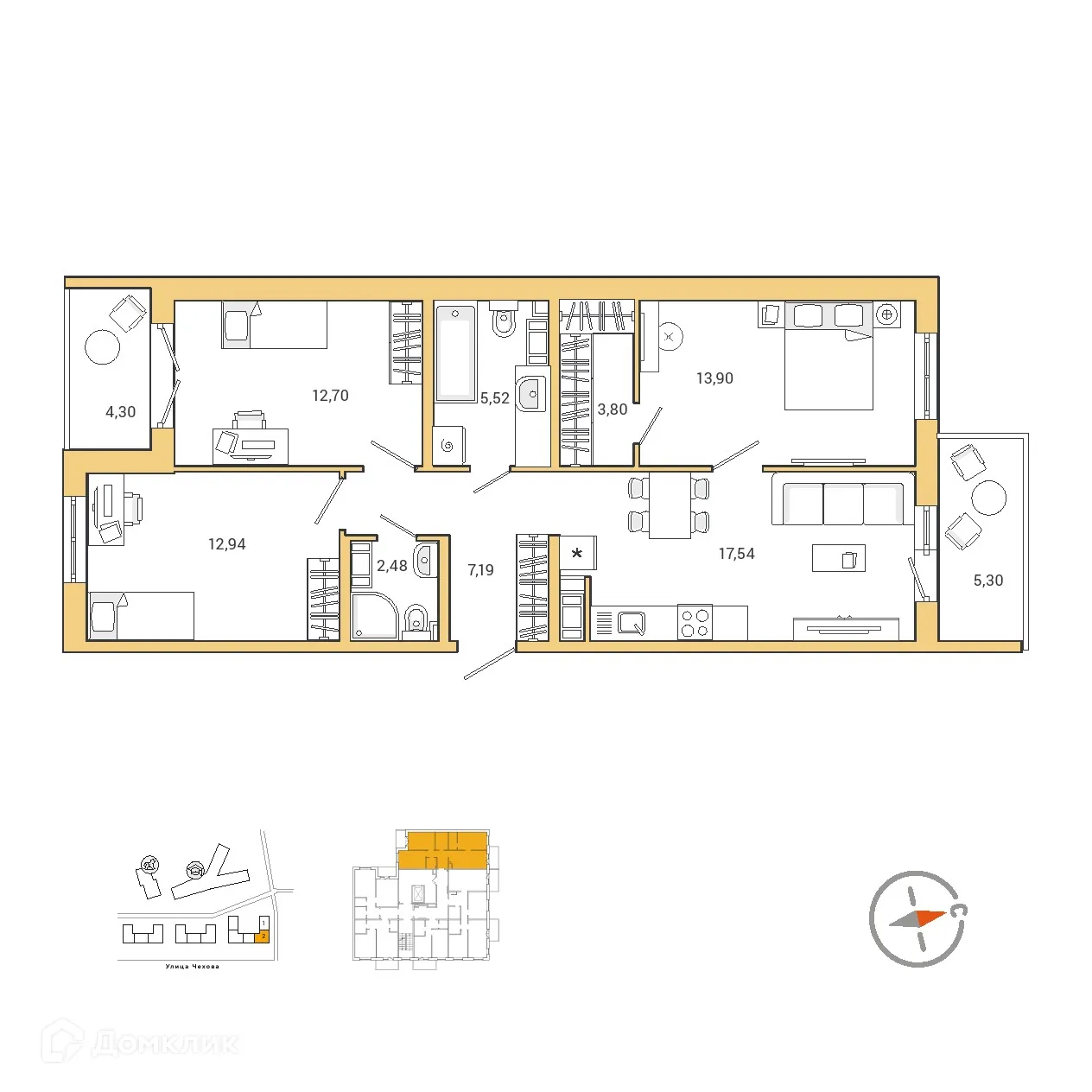 Планировка 3-комнатной квартиры 80.31 м² в ЖК IQ ГАТЧИНА (Айкью Гатчина), г. Гатчина — фото 1