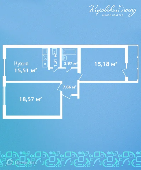 Планировка 2-комнатной квартиры 61.2 м² в ЖК Кировский посад, г. Гатчина — фото 1